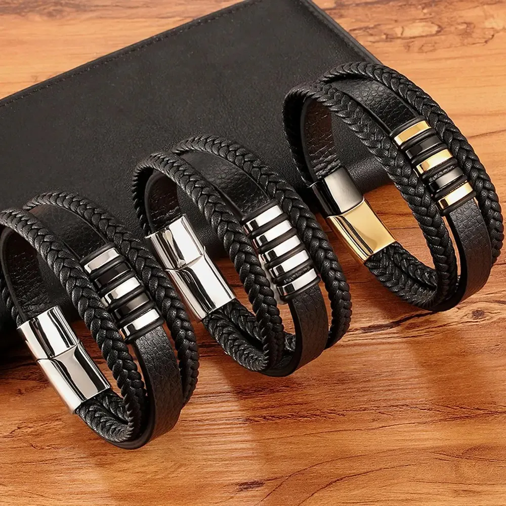 Stilvolles Lederarmband für Herren mit Edelstahlverschluss, 21 CM, 2 Farbe