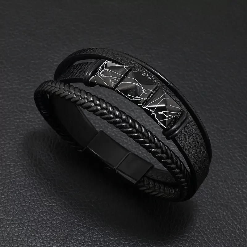 Lederarmband für Männer, Wunderbares Armband 21 CM, Schwarz – Bild 5