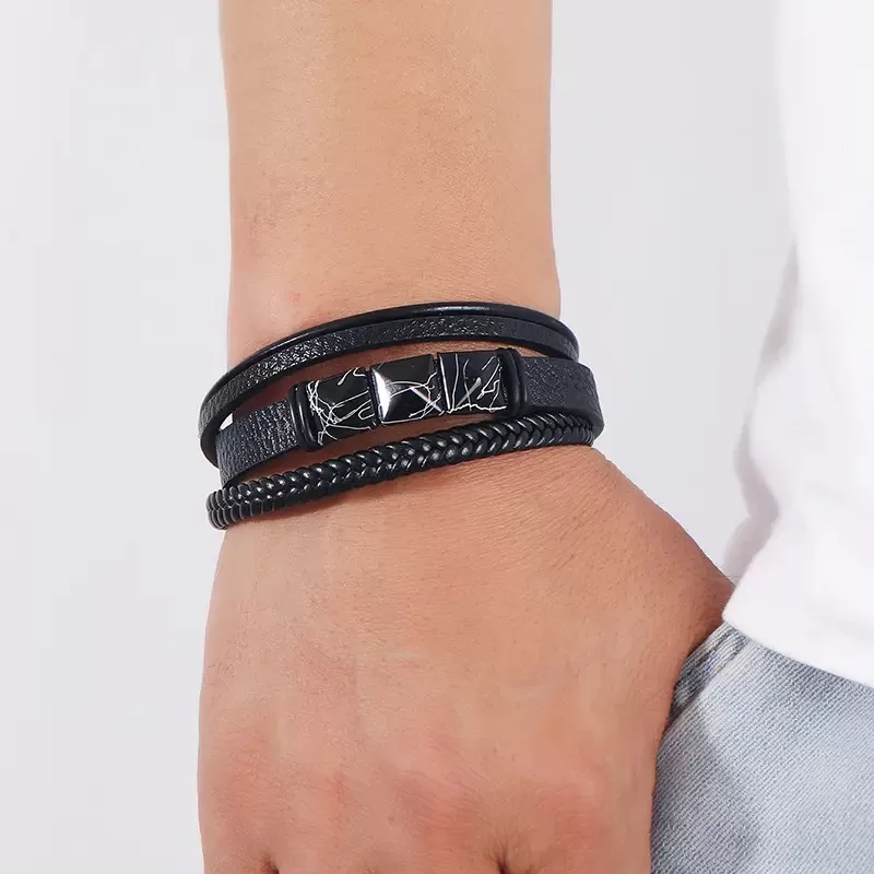 Lederarmband für Männer, Wunderbares Armband 21 CM, Schwarz – Bild 2