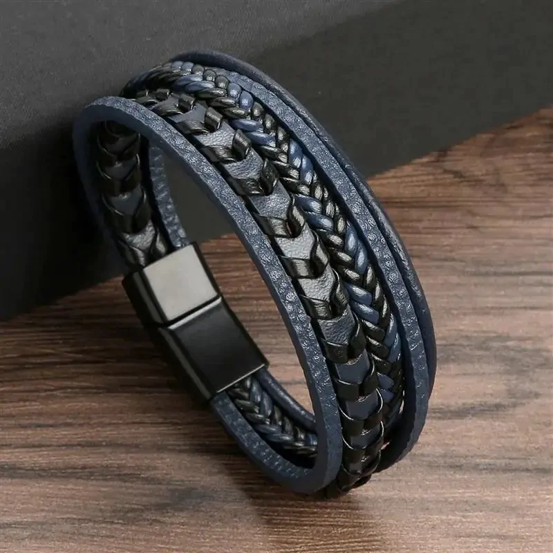 Lederarmband 3 Farbe, Schwarz, Braun, Blau aus Edelstahl – Bild 3
