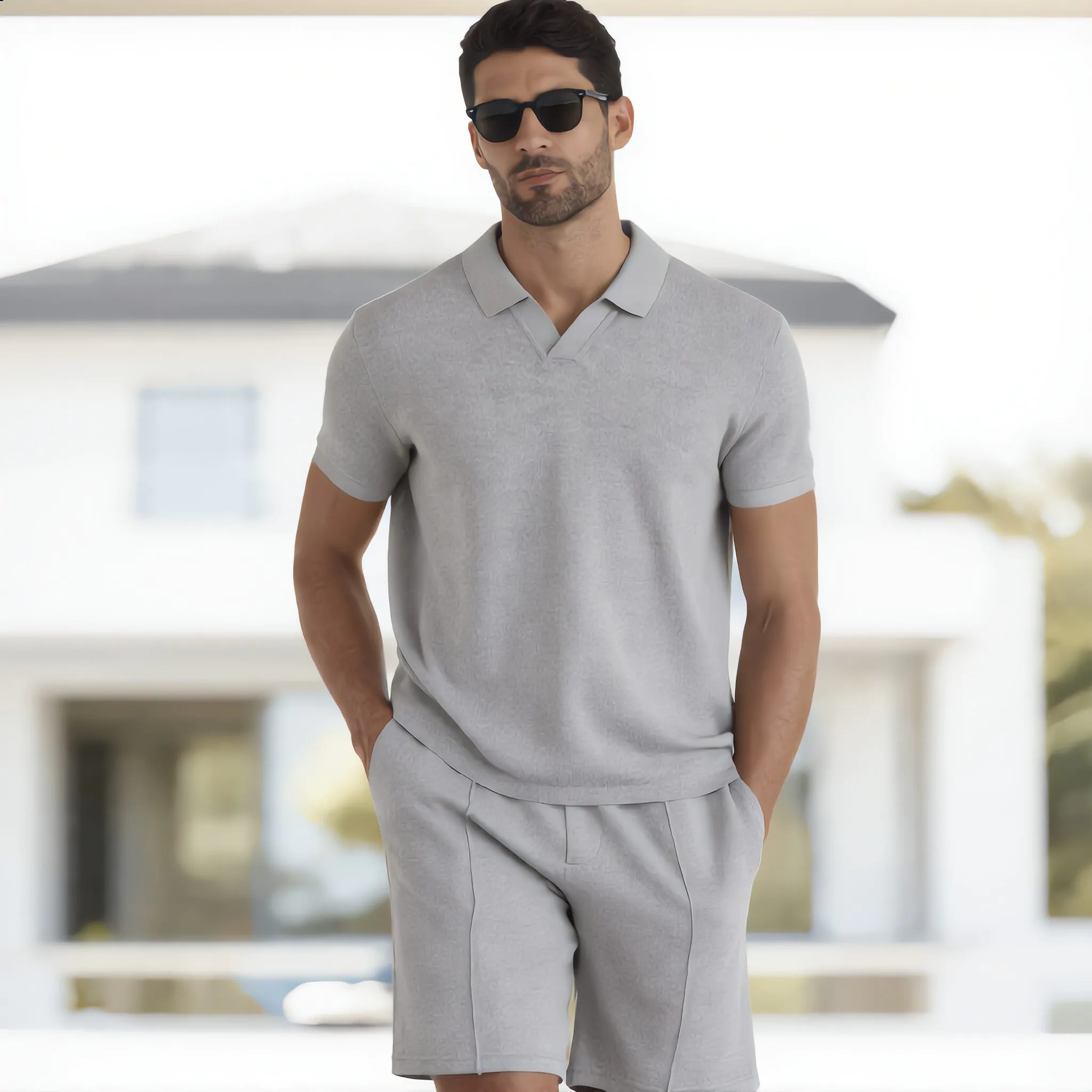 Herren T-Shirt Shorts Sommer Outfit 2 Teiliges Sommer Kurze Ärmel Polo T-Shirt