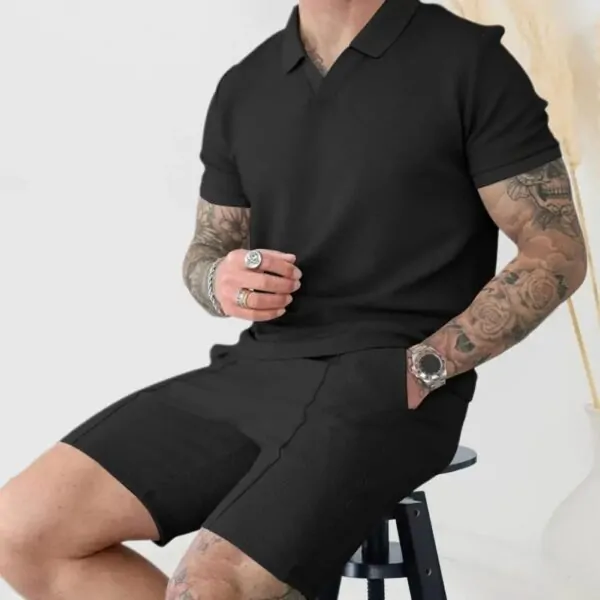 Herren T-Shirt Shorts Sommer Outfit 2 Teiliges Sommer Kurze Ärmel Polo T-Shirt – Bild 3
