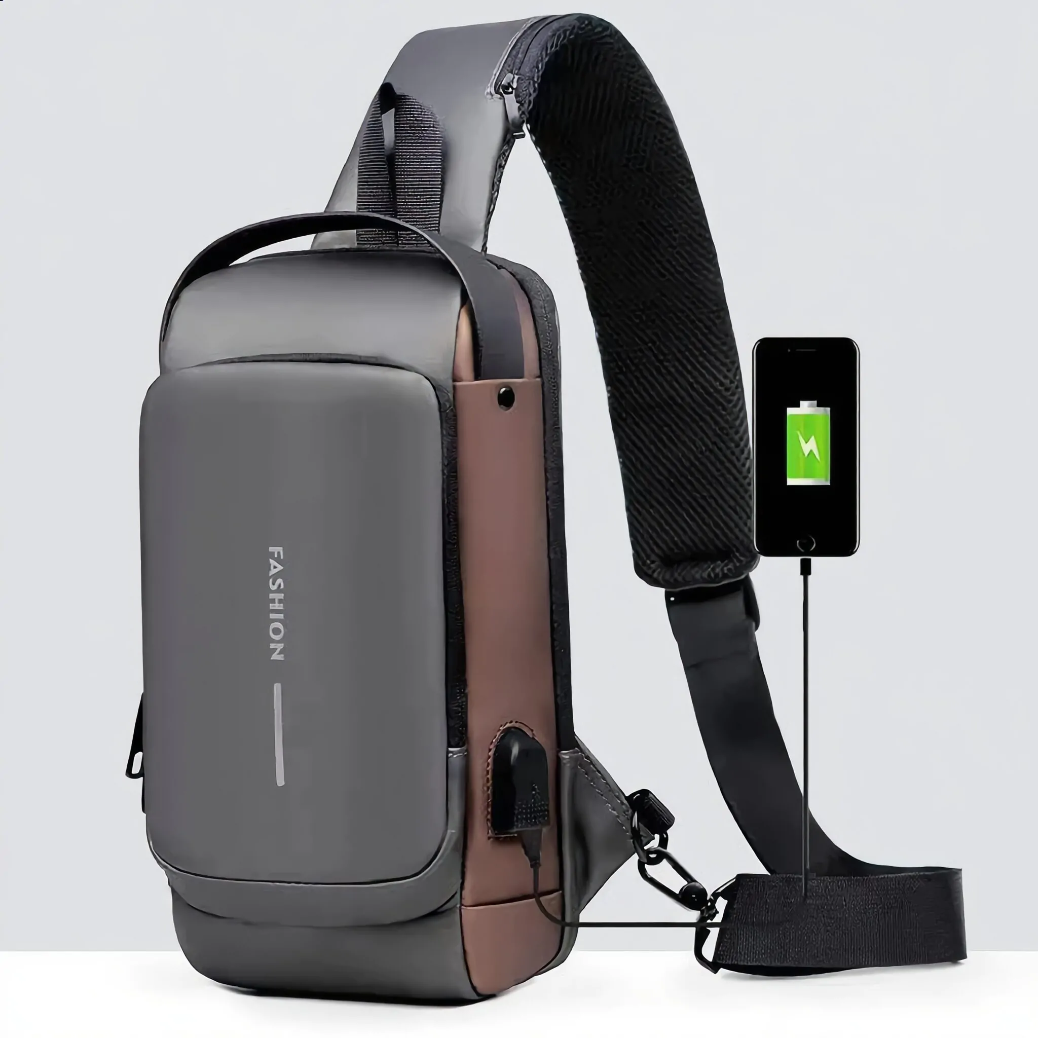Herren Brusttasche Grau - Braun mit Akku Anschluss